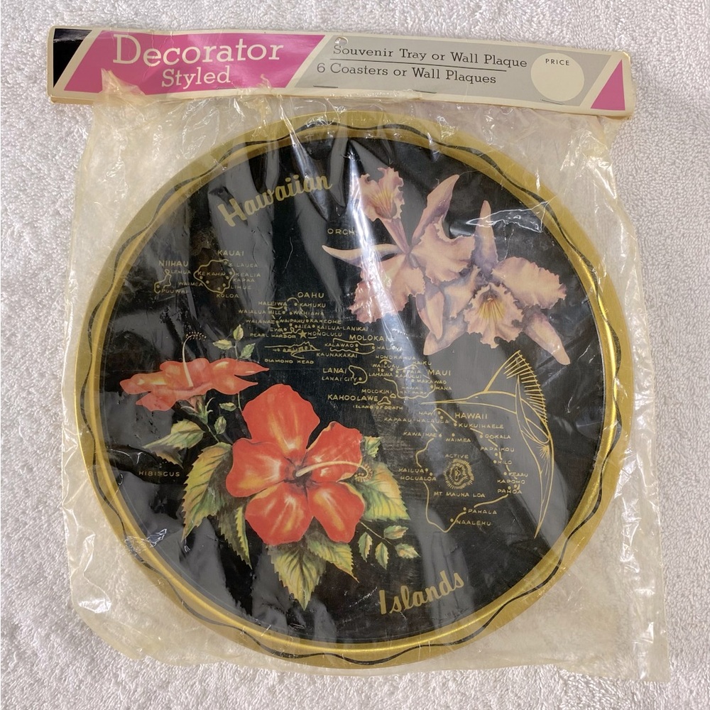 Vintage Hawaiian Islands Metal Souvenir Tray with Floral Design
